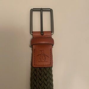 ORIGINAL PENGUIN MEN’S BROWN LEATHER AND ARMY GREEN STRETCH BELT 34/36